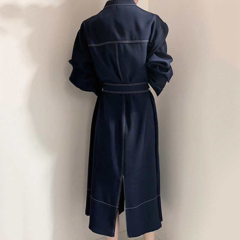 Korean Style Stand Collar Single Breasted Long Sleeve Woven Windbreaker Dress