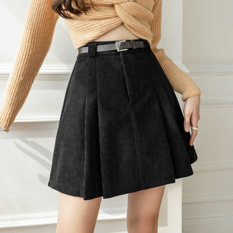 Womens High Waist Pleated Corduroy Skirt