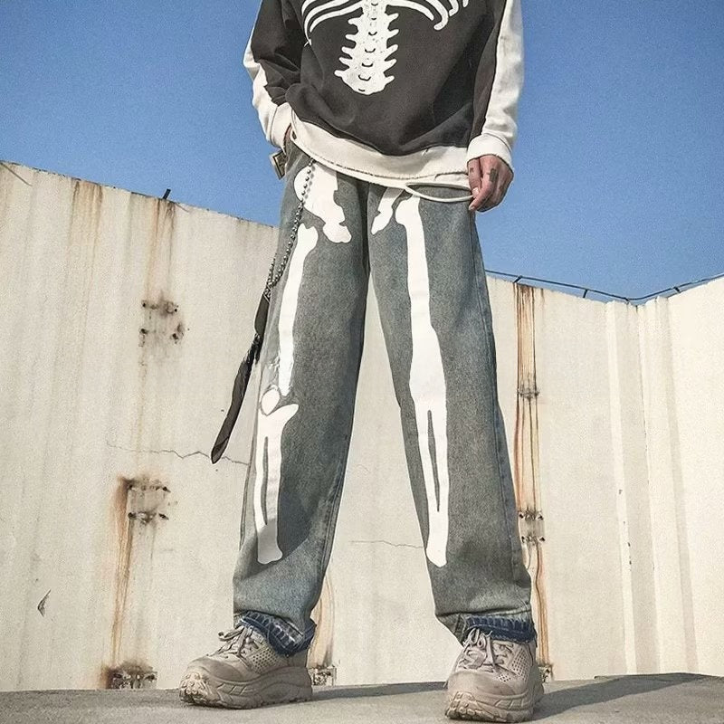 Men's Printed Skull Graphic Loose Straight Leg Denim Jeans