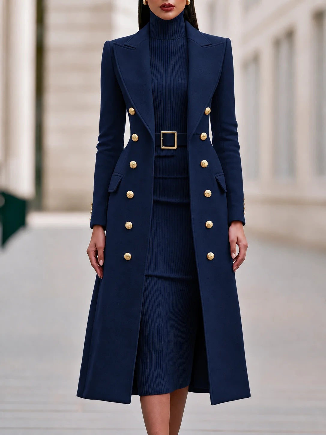Women's Double-Breasted Woolen Coat and Knitted Dress Two-Piece Set