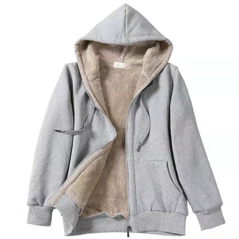 Women Plus Size Plush Hooded Sweatshirt Zip Up Long Sleeve Loose Solid Jacket