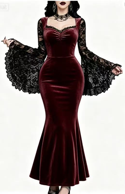 Halloween Gothic Style Lace Patchwork Waist-Cinched Flare Sleeve Dress