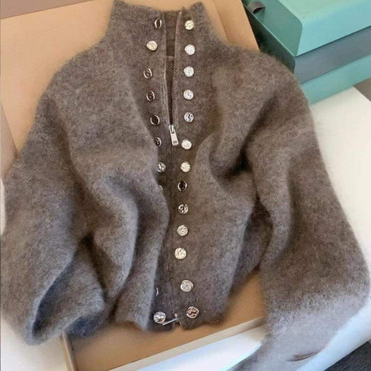 Women's Double-Breasted Stand-Up Collar Knitwear