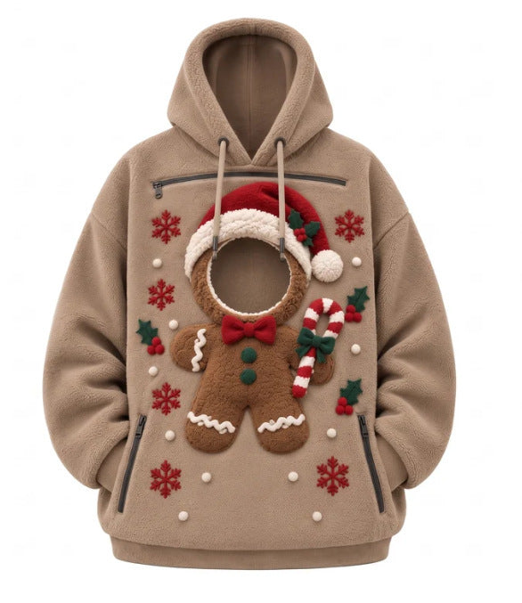 Mens Winter Warm Polar Fleece Lined Hoodie with 3D Printed Christmas Pattern and Zipper Pocket