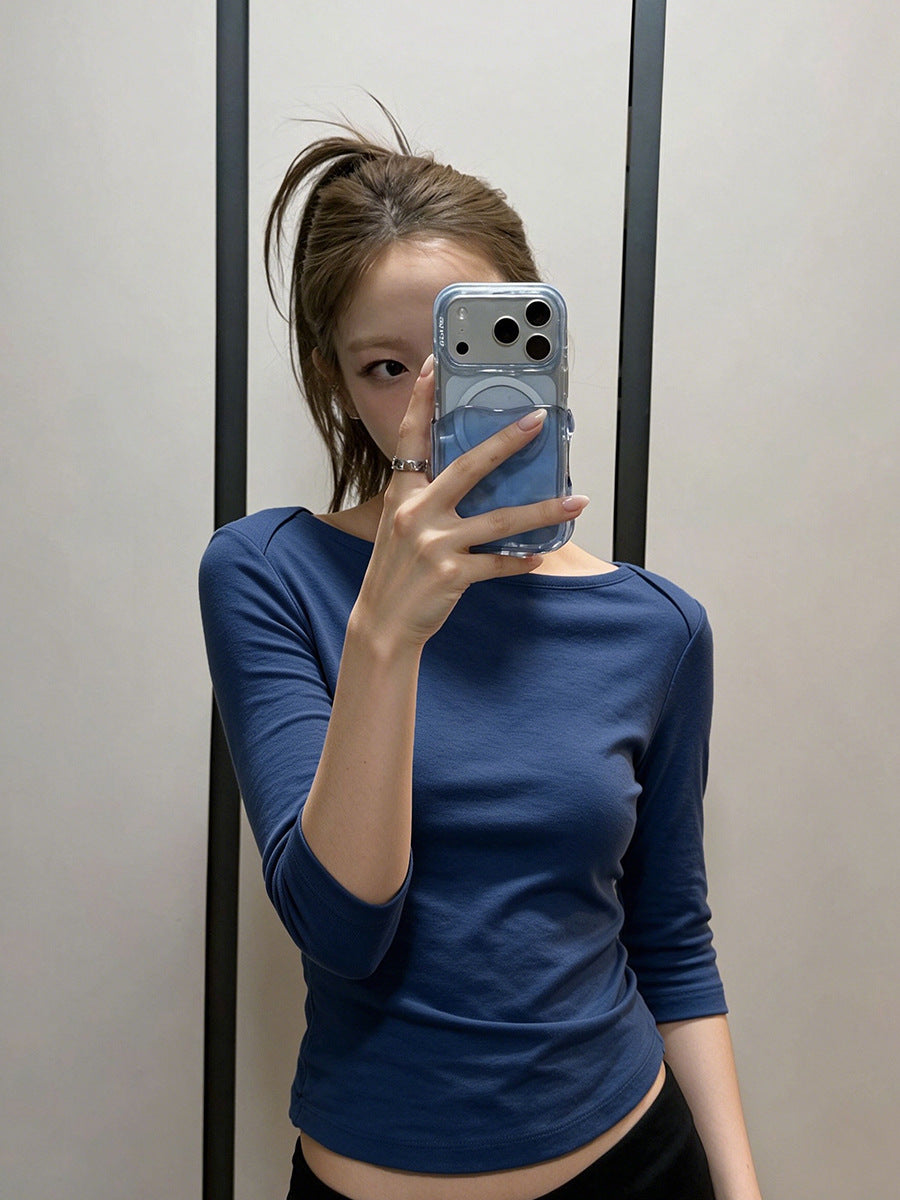 Retro Boat Neck Slim Fit Cotton Blend Three-Quarter Sleeve Top