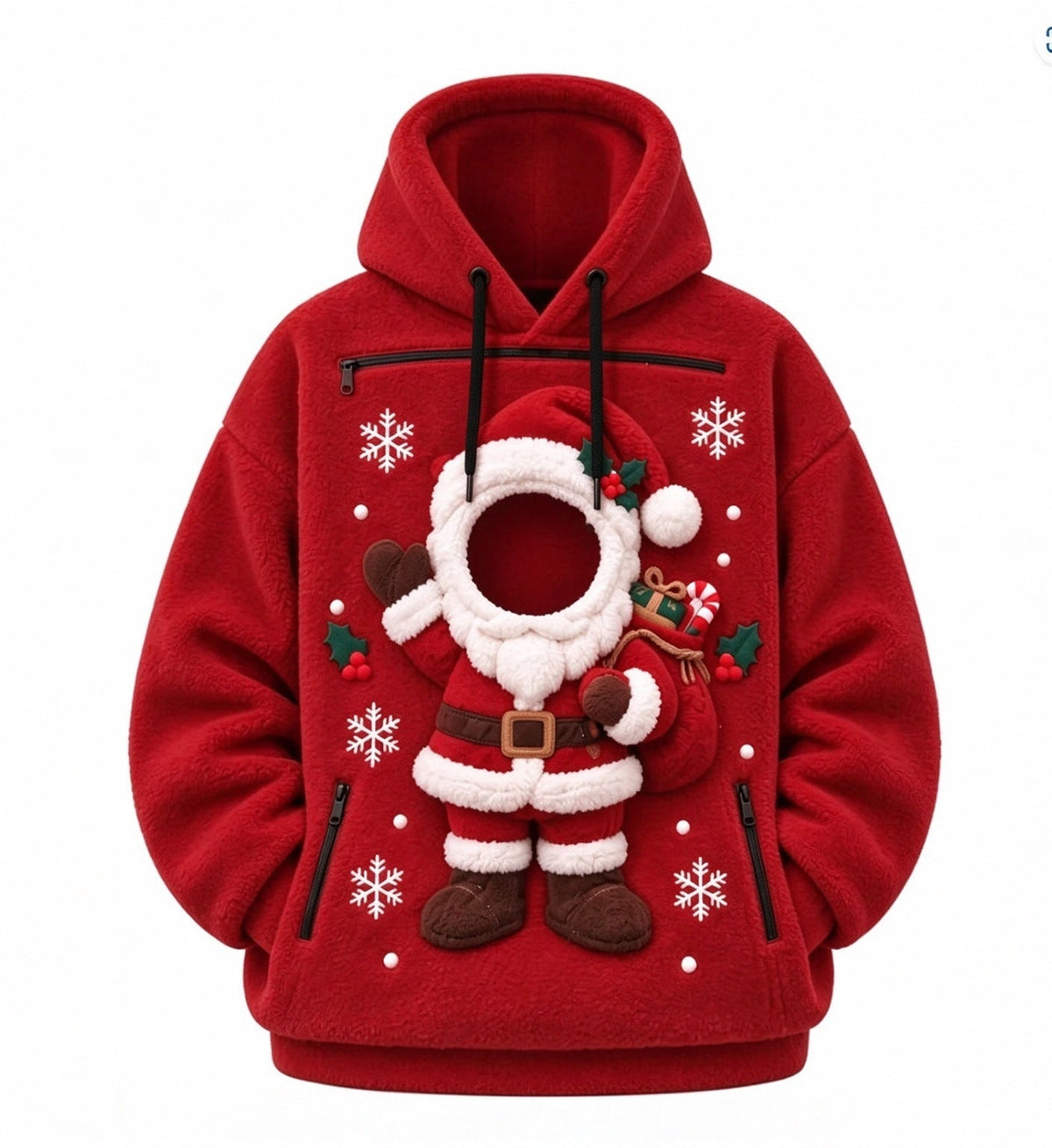 Mens Winter Warm Polar Fleece Lined Hoodie with 3D Printed Christmas Pattern and Zipper Pocket