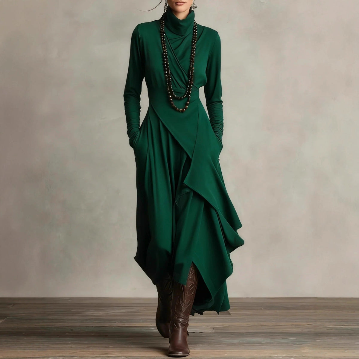 Women's Solid Color Long Sleeve A-Line Knitted Maxi Dress with Half Turtleneck