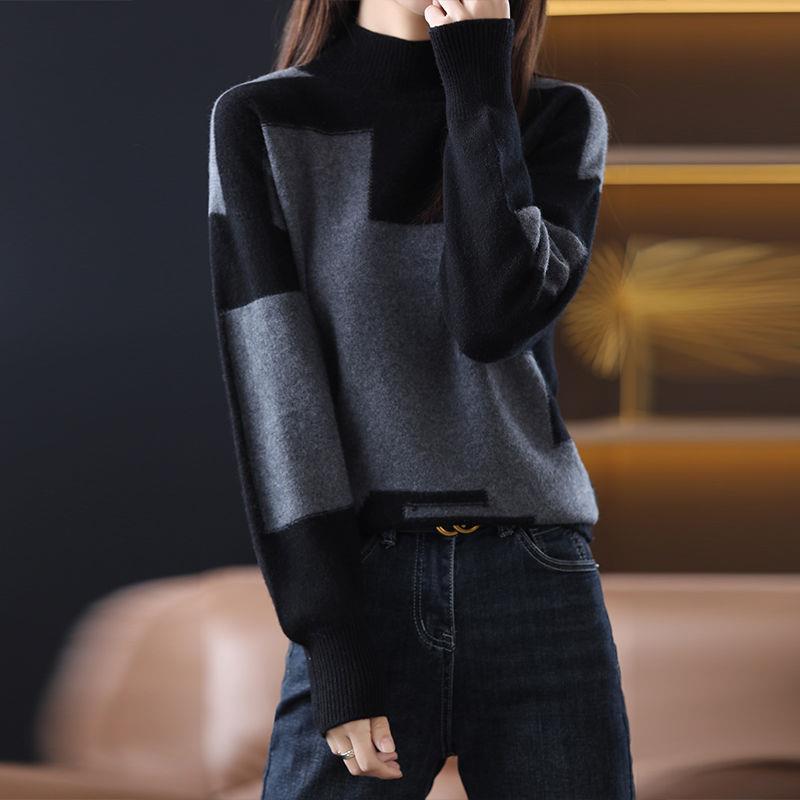 Women's Loose Knitted Sweater with Princess Sleeves and Half Turtleneck