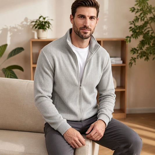 Mens Corduroy High Neck Zip Up Sweater