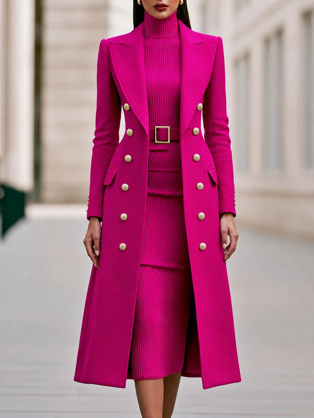 Women's Double-Breasted Woolen Coat and Knitted Dress Two-Piece Set