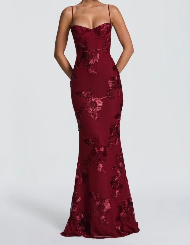 Elegant Backless Jacquard Evening Gown