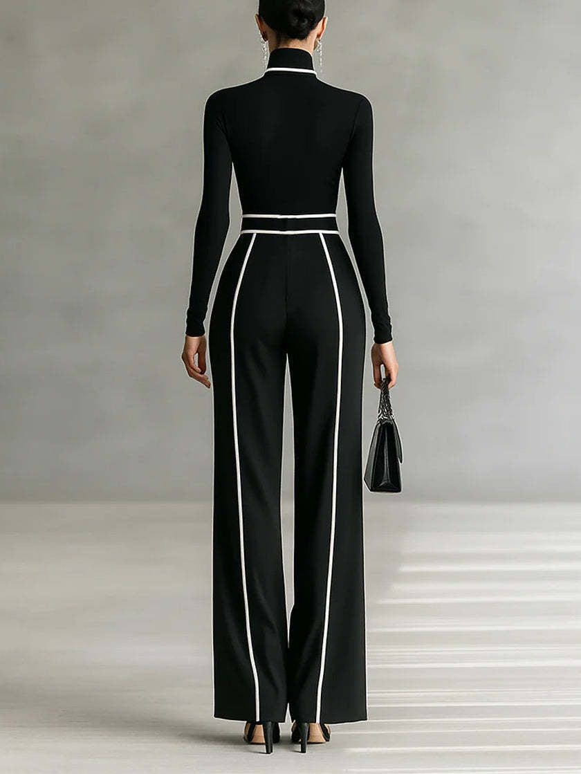 Elegant Stand-Up Collar Contrast Trim Two-Piece Knit Top and Wide-Leg Pants Set