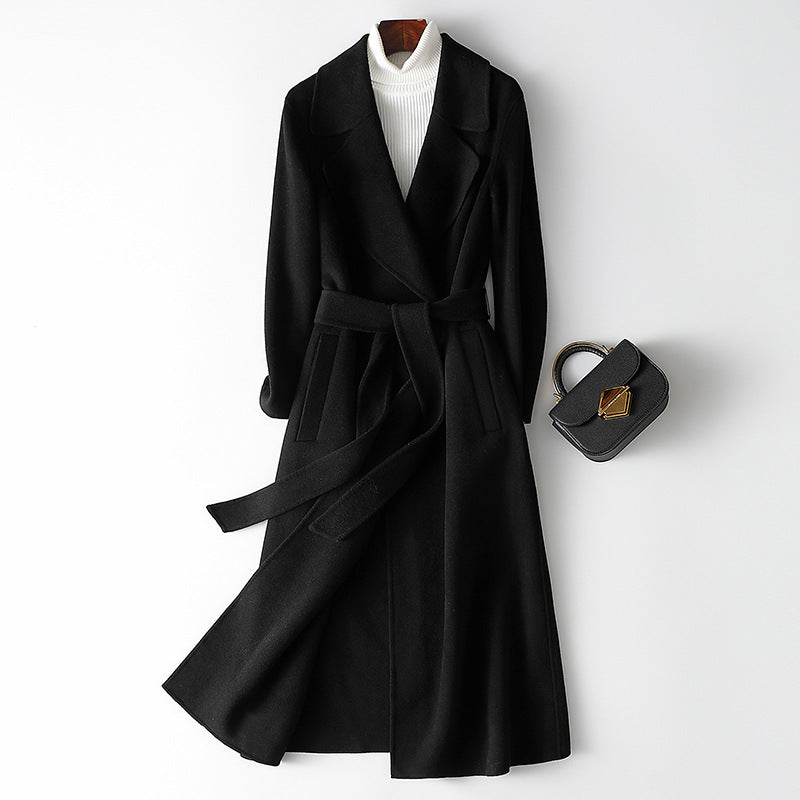 Women's Double-Sided 100% Wool Long Over-The-Knee Coat with Suit Collar