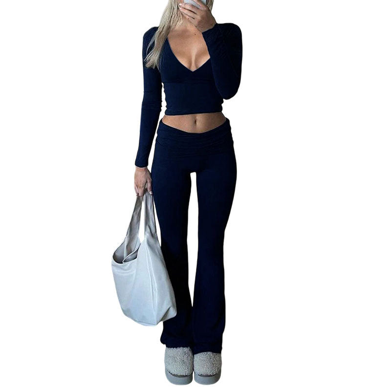 Women's Two-Piece Active Set Deep V Long Sleeve Top