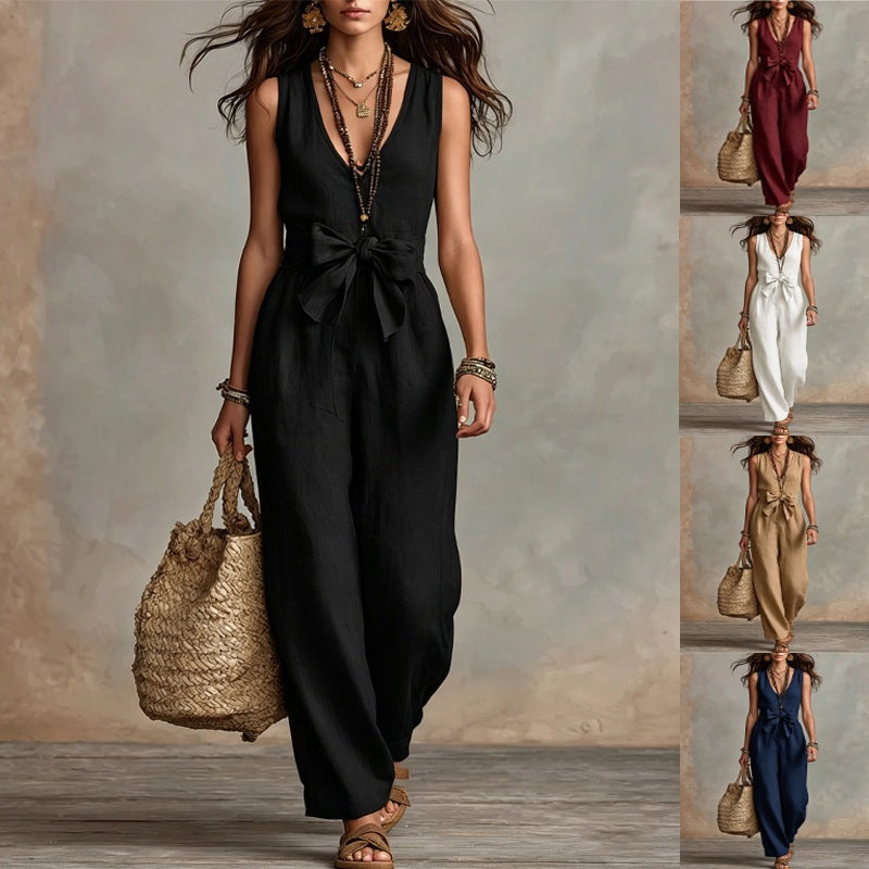 Women's V-Neck Sleeveless Wide Leg Jumpsuit with Bow Belt