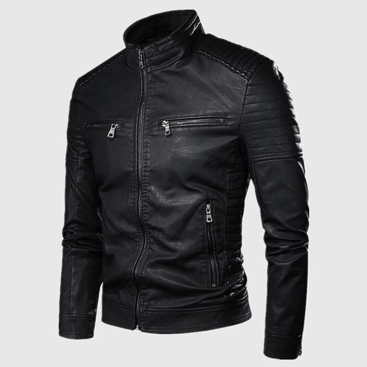 Mens Slim Fit Stand Collar PU Leather Jacket Casual Coat