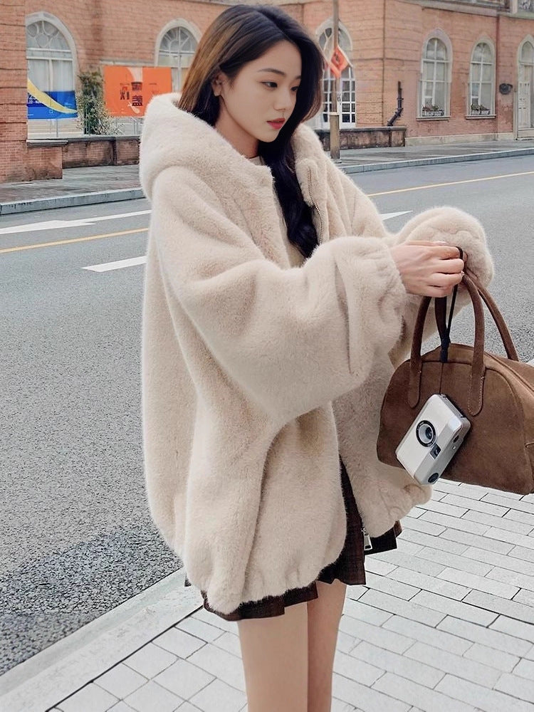 Women Short Plush Hooded Coat
