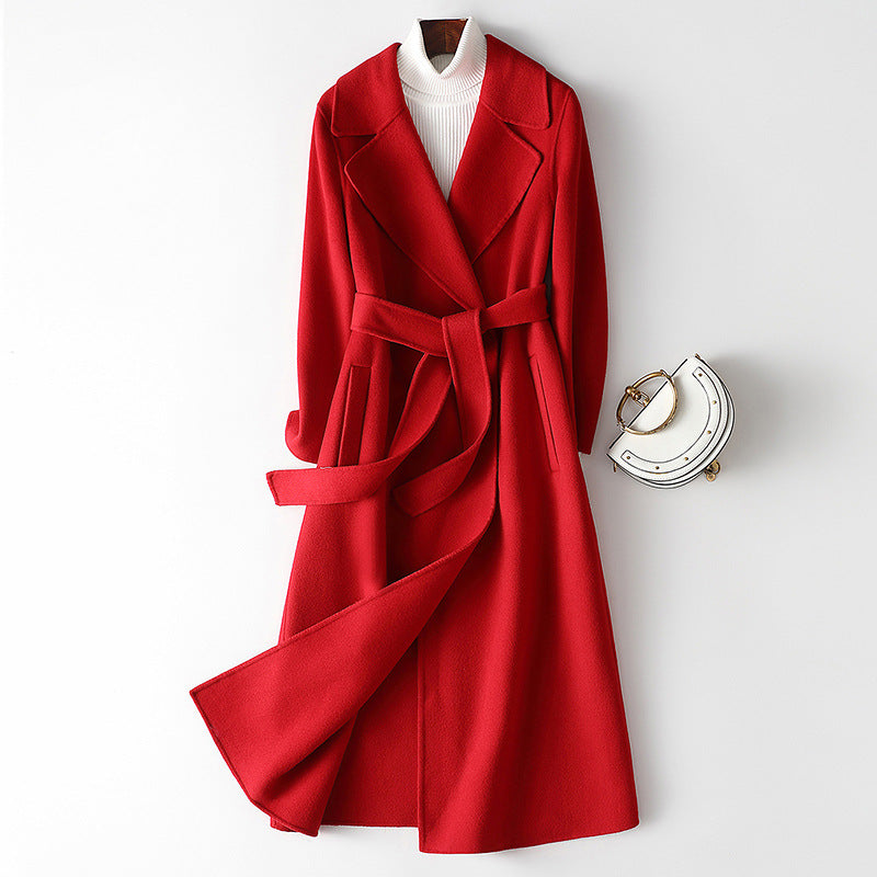 Women's Double-Sided 100% Wool Long Over-The-Knee Coat with Suit Collar