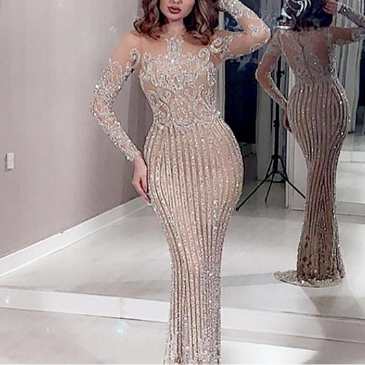 2026 Cross-Border Spring and Summer New Style Long Dress with Mid-Waist, Elegant and Suitable for Work, Sequined with Gold Accents, Slim-Fit, Gold Color, Slimming Dress