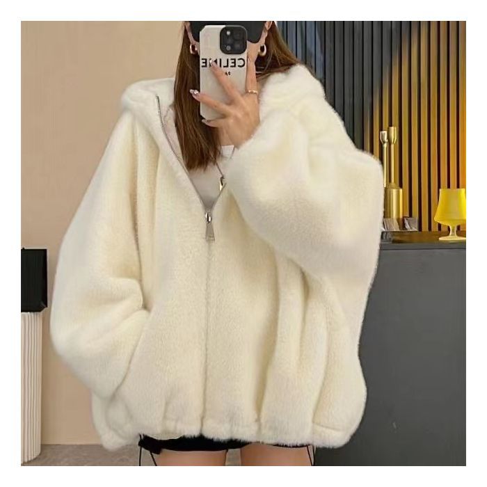 Women Short Plush Hooded Coat