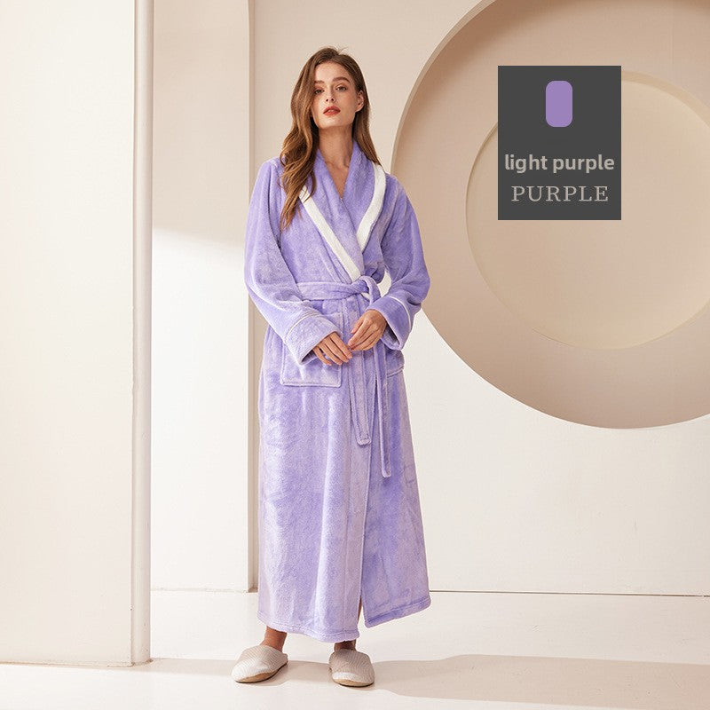Thickened Long Coral Velvet Flannel Bathrobe for Couples