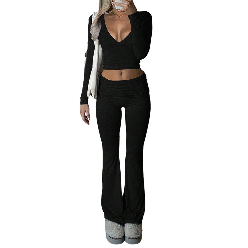 Women's Two-Piece Active Set Deep V Long Sleeve Top