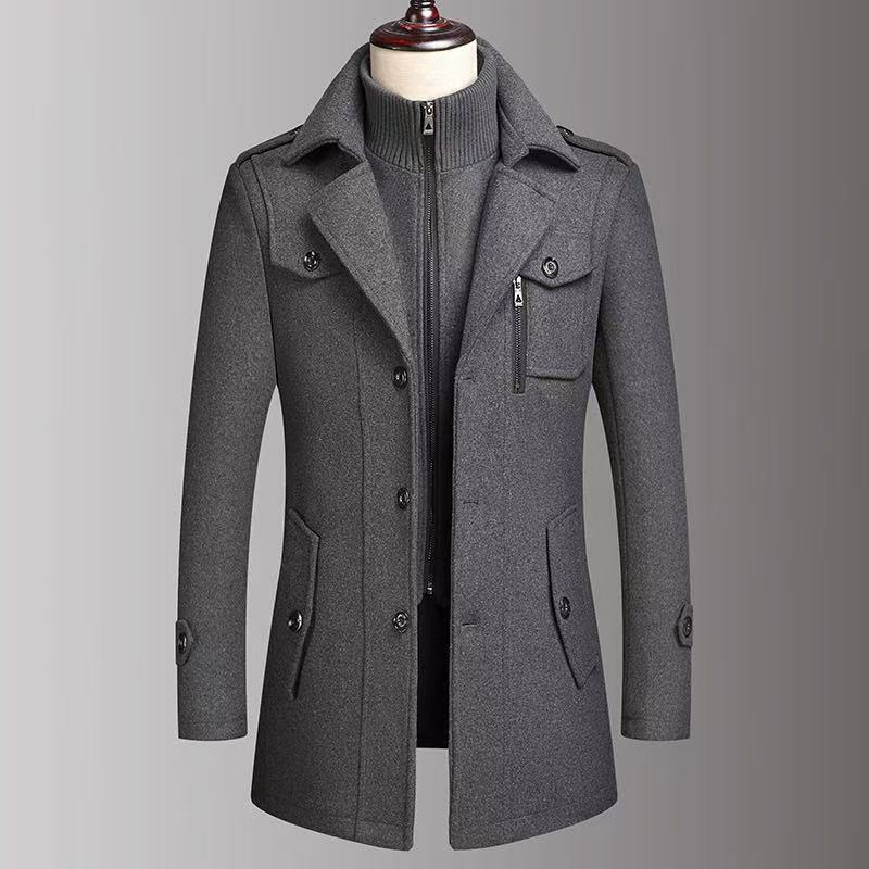 Men's Warm Double-Collar Woolen Coat with Loose Fit and Zip Closure
