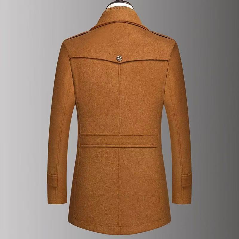 Men's Warm Double-Collar Woolen Coat with Loose Fit and Zip Closure