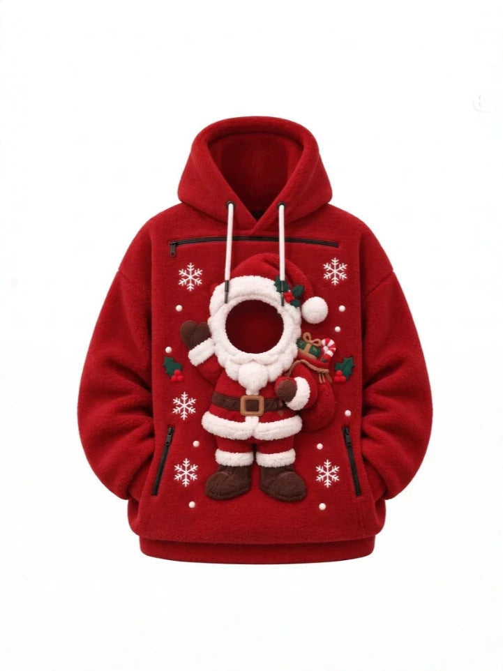 Mens Winter Warm Polar Fleece Lined Hoodie with 3D Printed Christmas Pattern and Zipper Pocket