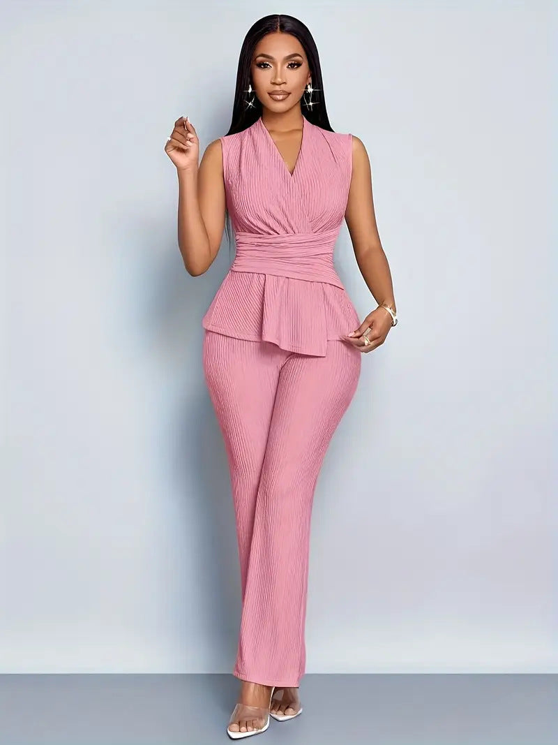 Womens Sleeveless V-Neck Top and Wide-Leg Pants Set