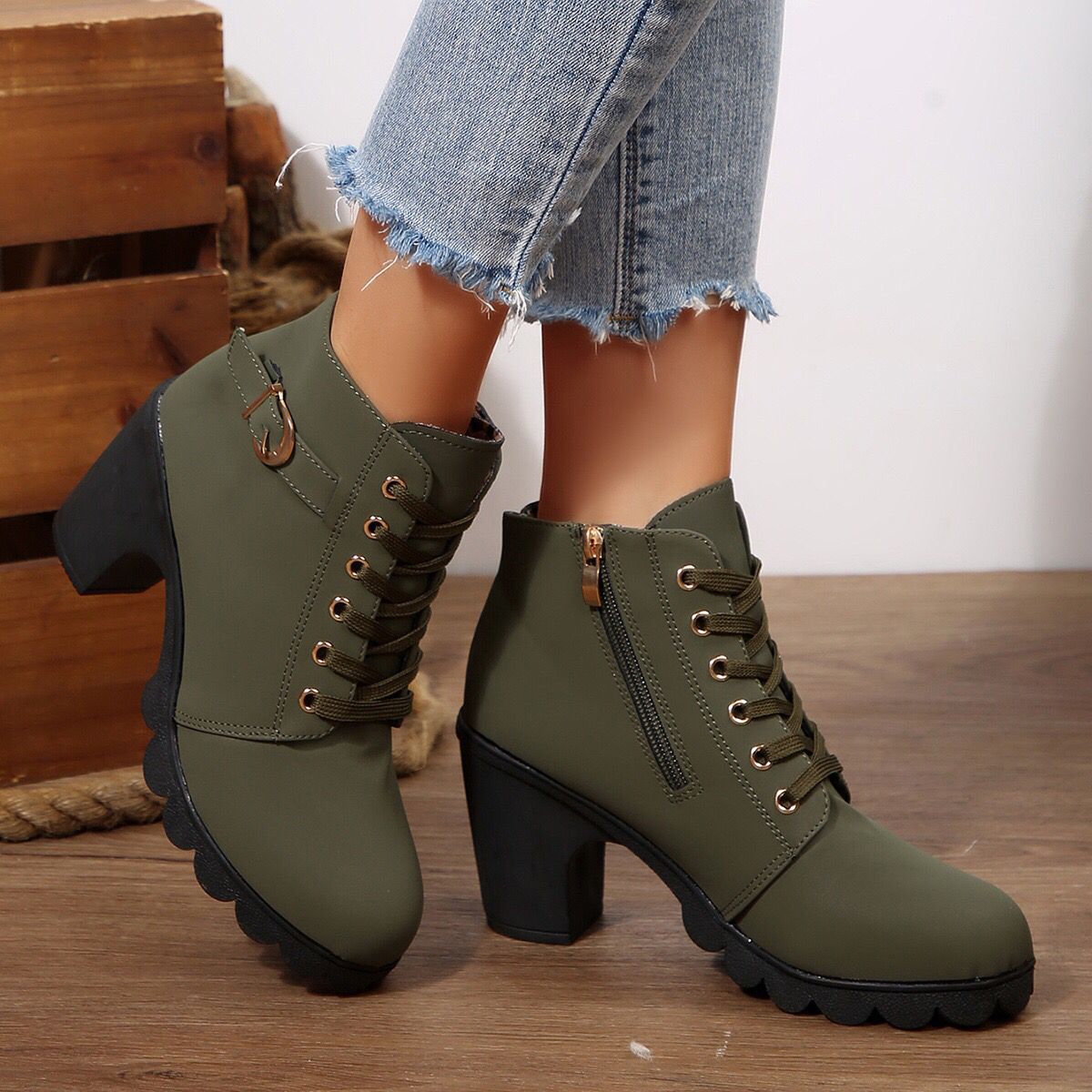 Womens High Heel Ankle Boots with Cross Strap