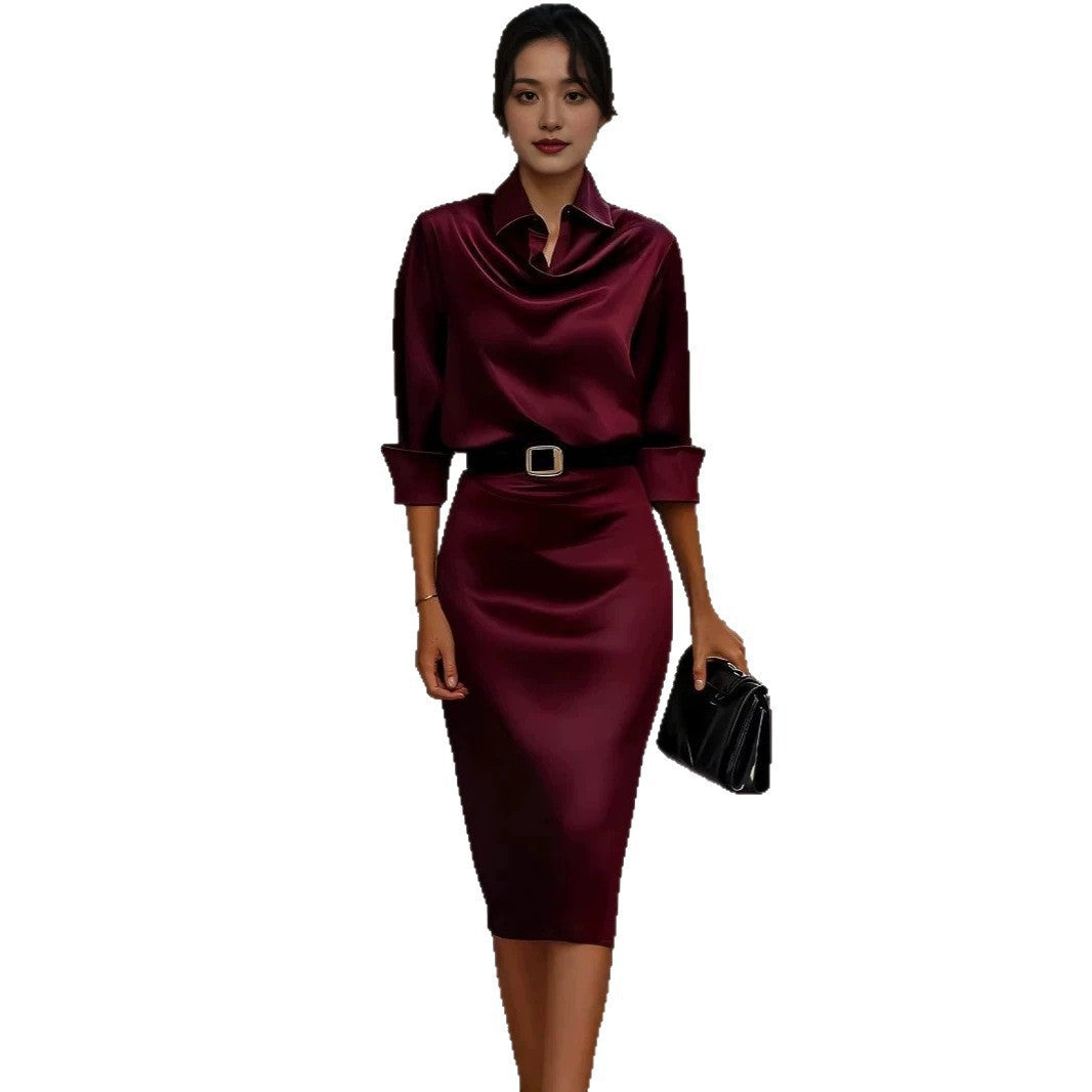 Women's Acetate Satin Long Sleeve Dress Slim Fit Shirt Collar Elegant Midi Dress