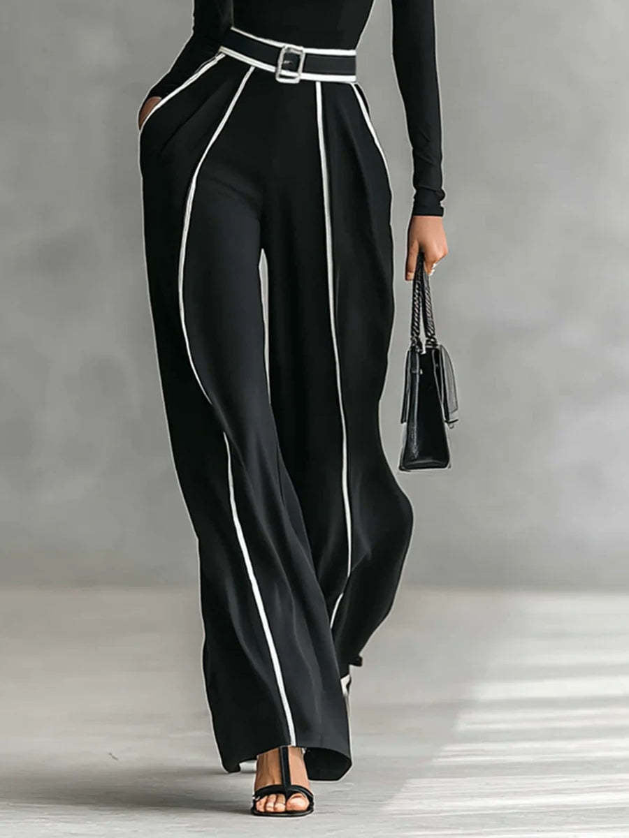 Elegant Stand-Up Collar Contrast Trim Two-Piece Knit Top and Wide-Leg Pants Set