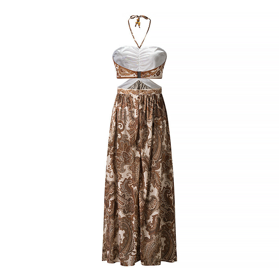 Women's Halter Neck Backless Tie Dye Long Dress